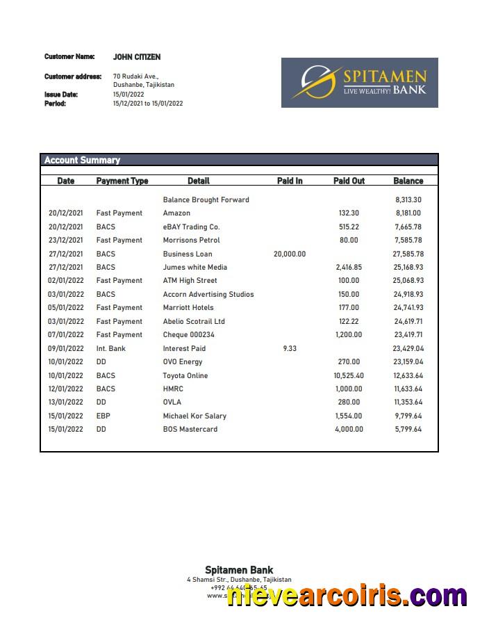 Tajikistan Spitamen Bank statement